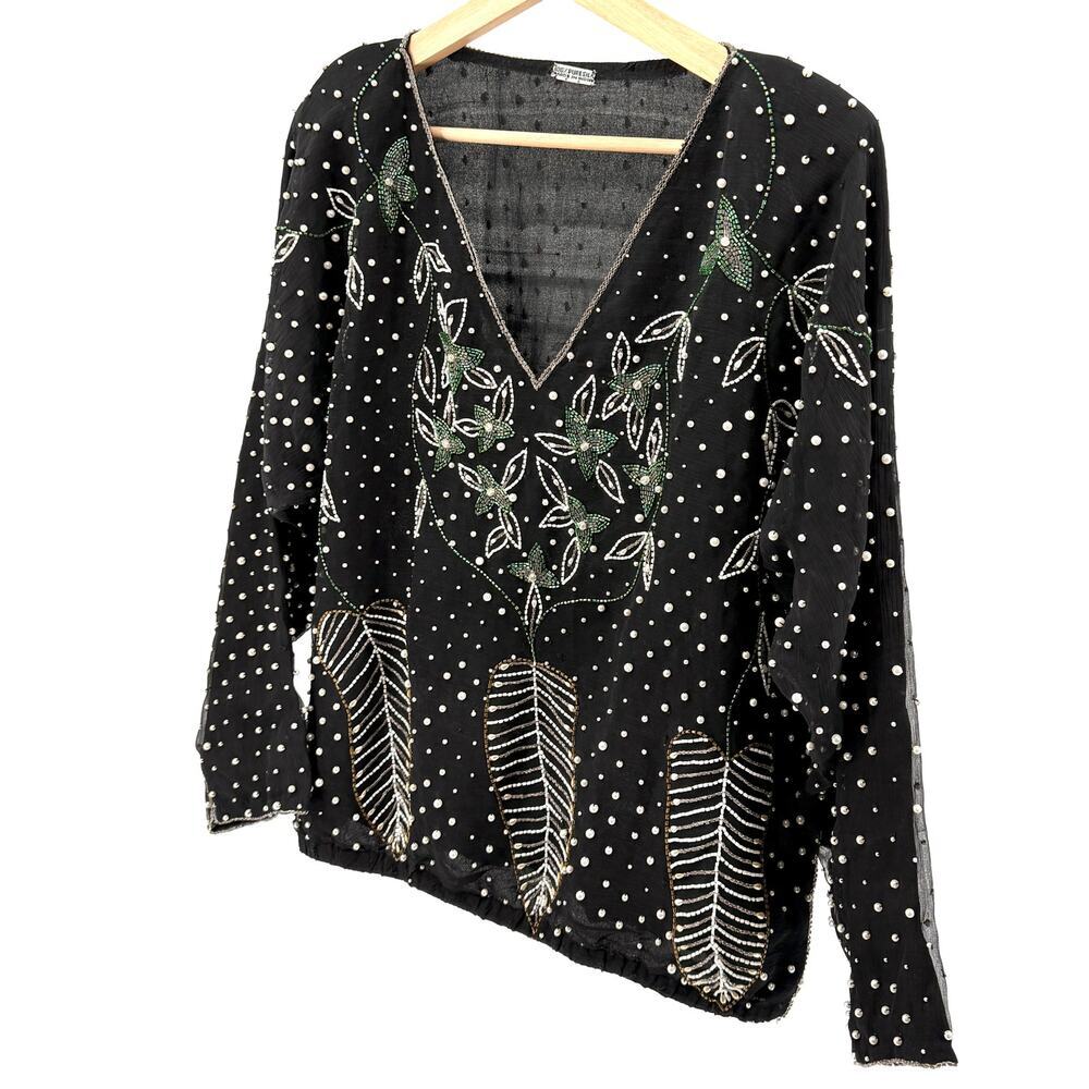 Vintage 80s Black 100% Pure Silk Beaded Floral Faux Pearl Blouse